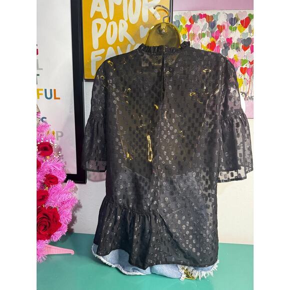 Black Sheer Polka Dot Blouse Women’s Size 12 | Ruffle Neck & Hem | - Picture 2 of 3